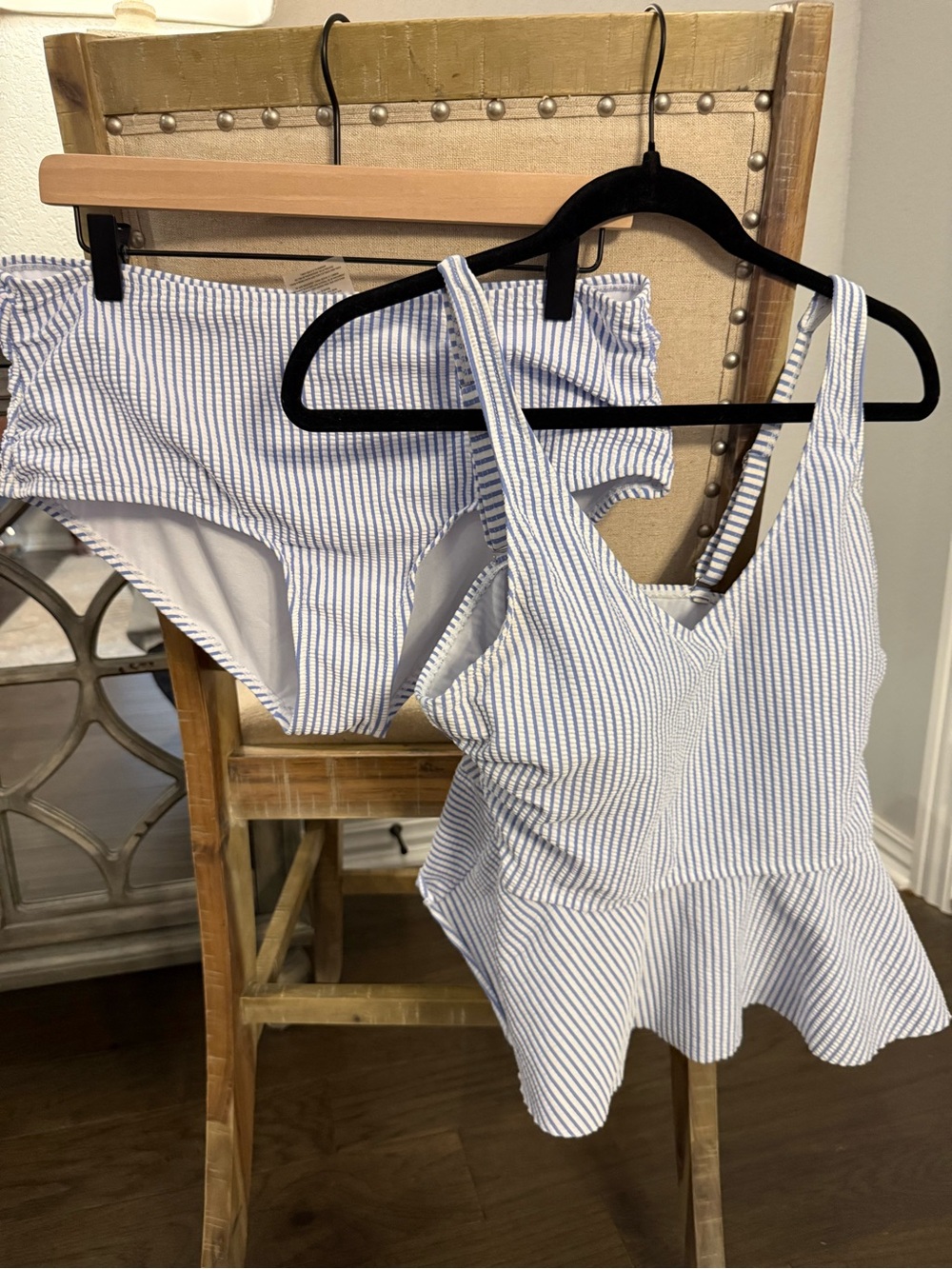Ruffle Butts Blue and White Striped Peplum Swim Top and Bottom